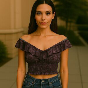 AE Soft & Sexy Off Shoulder Ruffle Tie Dye elasticized Crop top